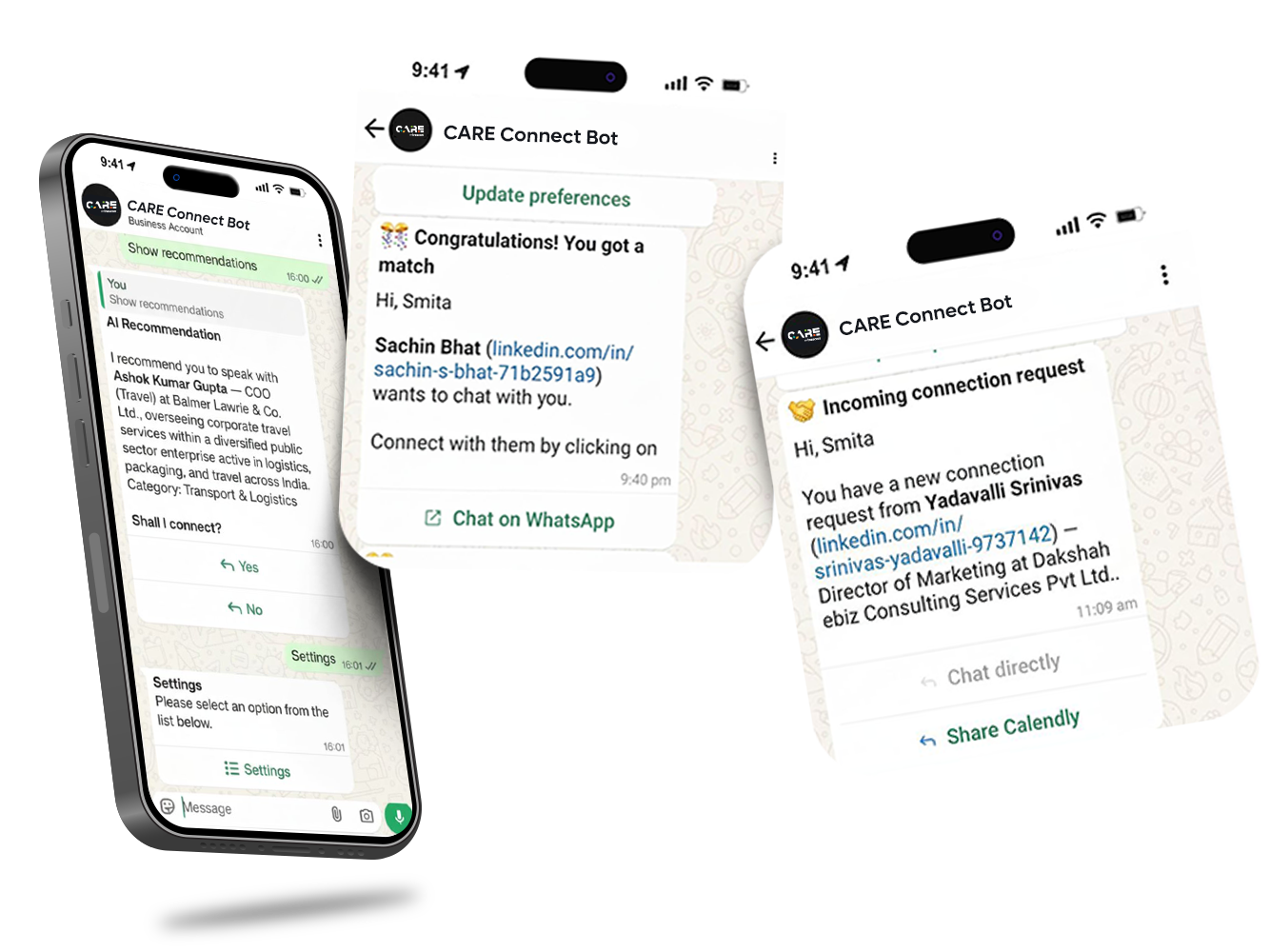 WhatsApp networking interface showing AI matchmaking